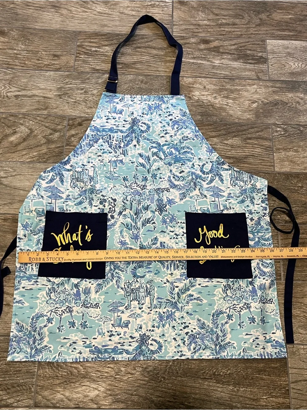 Lilly Pulitzer Light Blue Floral Apron with Navy Pockets